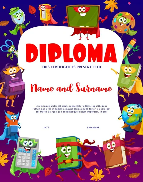 Crianças Diploma Desenhos Animados Escola Personagens Super Heróis Papelaria Certificado — Vetor de Stock