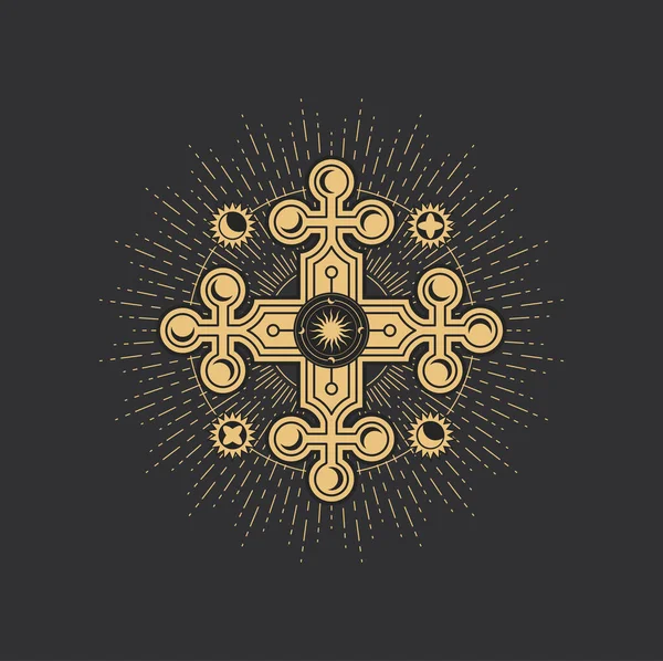 オクカルト五角形 魔法のタロット ベクトルクロスと円の中の太陽の密教シンボル 宇宙論 占星術 太陽と月の天体との丸い十字の儀式的なカルト記号 — ストックベクタ