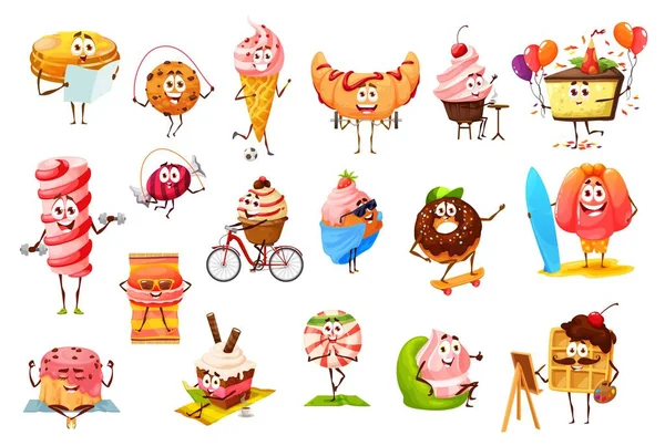 Doces Desenhos Animados Doces Sobremesa Biscoitos Personagens Padaria Panqueca Vetor — Vetor de Stock