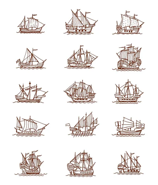 Vereinzelte Alte Segelschiffe Und Segelboote Alte Schiffskizzen Einer Alten Nautischen — Stockvektor