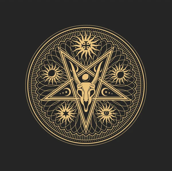 円の内側に放射線と月相と太陽と星のヤギの頭蓋骨とカルト密教五角形の標識 ベクトル霊的魔法の紋章 隔離された錬金術 ウィッカまたは異教のシンボル — ストックベクタ