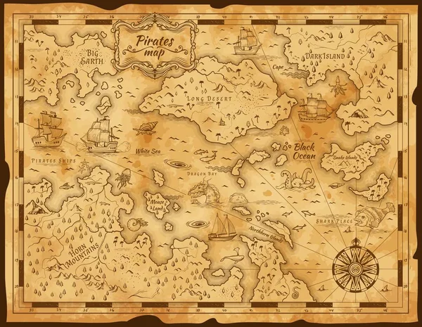 Stara Mapa Skarbów Piratów Vintage Pergamin Wyspy Wektorowej Morze Żaglowiec — Wektor stockowy