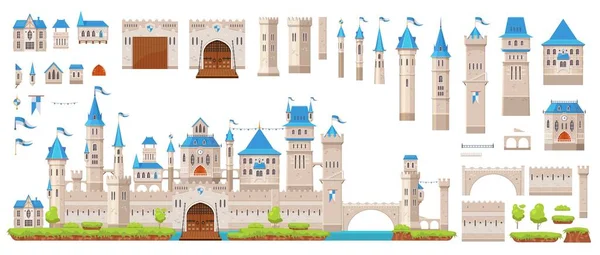 骑士石堡和城堡建筑工具包 矢量大门塔和炮塔 桥梁和堡垒墙壁 城堡或宫殿建筑工具包 中世纪王国游戏或城堡建筑元素 — 图库矢量图片