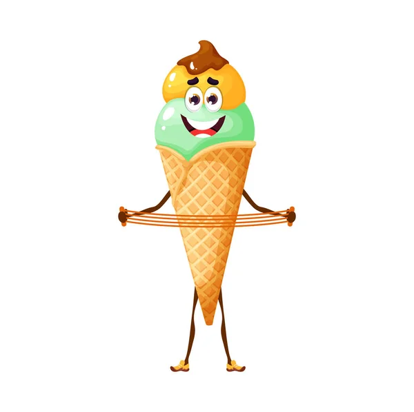 拡大と漫画のアイスクリームの文字 独立したベクトル笑顔アイスクリームコーンスポーツマンスポーツ演習を行う 面白いデザートパーソナライズ健康的なライフスタイル かわいい夏のパーソナライズトレーニング — ストックベクタ