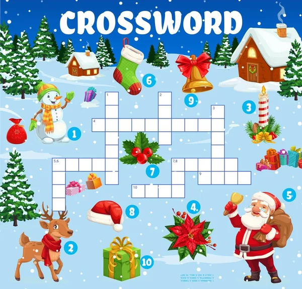 Stock vector Christmas crossword quiz game, cartoon Santa and holiday village. Vector find a word grid worksheet with snowman, deer, candle and poinsettia flower. Santa, sock, holly, hat with bell and gift