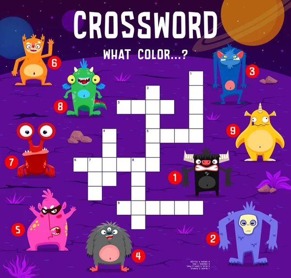 Kruiswoordquiz Spel Cartoon Leuke Grappige Monster Karakters Zoek Een Kleur — Stockvector