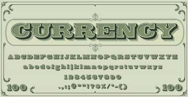 Para yazı tipi, klasik tip veya yazı tipi alfabe tipografisi, vektör para birimi nakit harfleri. Dolar alfabesi veya Guilloche desenli para birimi retro yazı tipi, eski sertifika harfli banknot tipi