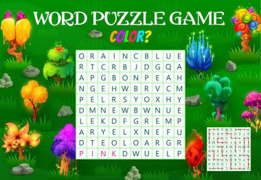 Kelime bulmaca oyunu, sihirli bir ağaç rengi bul. Vektör çalışma tablosu, çocuk bilgi yarışması sistemi, çizgi film uzaylıları veya fantezi bitkileri olan çocuklar için bulmaca çözücü ve sahada Latince harfler.