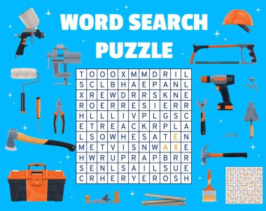 İnşaat endüstrisi ve DIY araçları, kelime araması yapboz çalışma tablosu, vektör sınavı. Kelime arama şebekesi tornavida, cetvel ve işçi miğferi, matkap ve çekiçli kerpeten ve baltalı alet kutusunu tahmin ediyor.