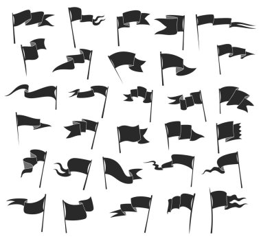 Retro siyah flamalar ve klasik afişler. Vektör spor flamalar, harita konum lobutları ve direkte sallanan macera kampı flamaları. İzole edilmiş tek renkli kraliyet sancakları ya da kraliyet flamaları