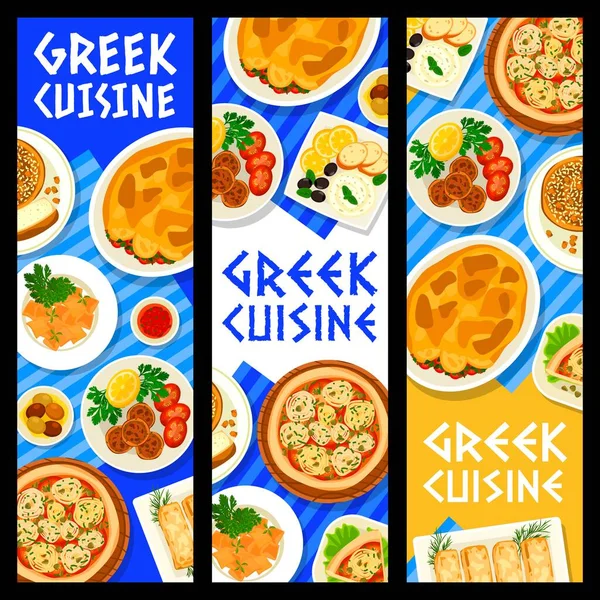 Yunan mutfağı yemek afişleri. Kızarmış feta peyniri, patlıcan güveci Moussaka ve yumurtalı makarna Hilopite, balık yumurtası sosu Taramasalata, köfte köftesi ve tatlı ekmek Vasilopita, turta Ladenia