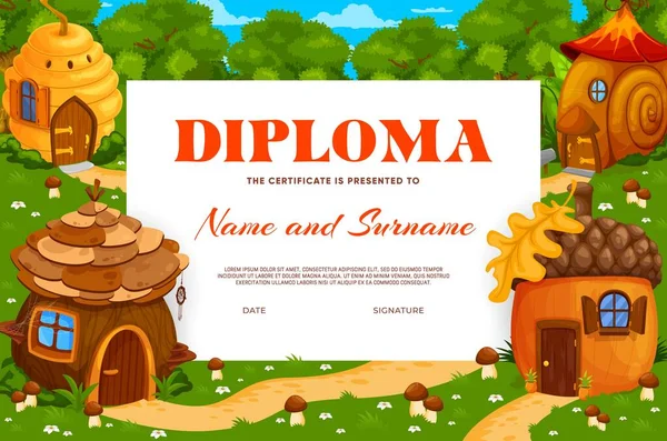 Diploma Crianças Com Bolota Conto Fadas Colmeia Caracol Casas Desenhos —  Vetores de Stock
