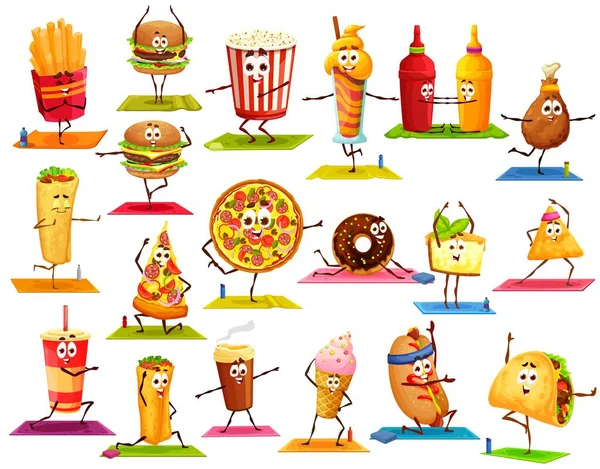 Kreskówka Fast Food Znaków Jogi Fitness Sportu Wektorowe Frytki Hamburgery — Wektor stockowy