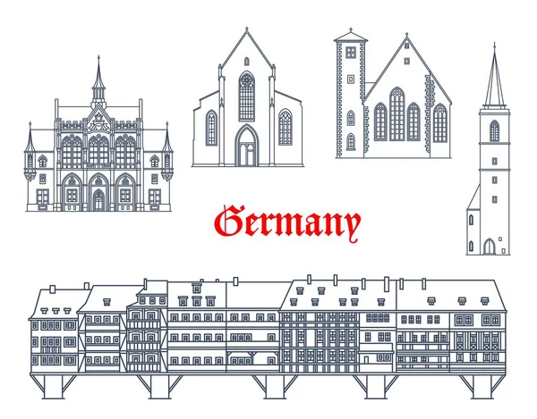 ドイツ エアフルト市内の建物やテューリンゲン建築のベクトルランドマーク ドイツの有名なミヒャエル教会の建物聖ミカエル教会 すべての聖人Allerheiligenkirche Kramerbrucke中世の橋 — ストックベクタ