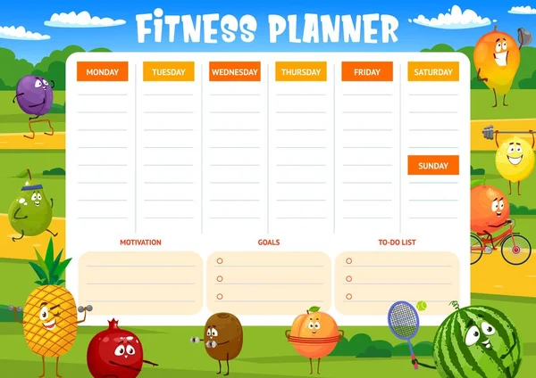 健身周策划者 卡通果运动员日程时间表 用李子 菠萝和猕猴桃 西瓜或芒果 柠檬和橙子进行锻炼的病媒模板 — 图库矢量图片