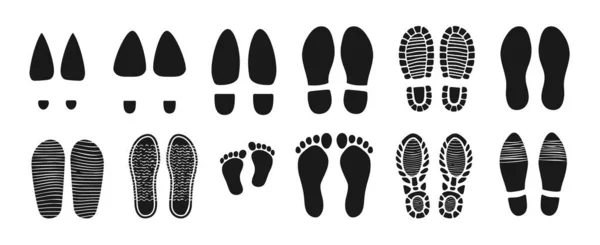 靴と裸足の足跡 孤立したステップトレッドやベクトル足の痕跡赤ちゃんの足で 人間の裸足とスニーカーソール 追跡ブーツ ヒールとフリップフロップの女性の靴 スリッパブラックトレイル — ストックベクタ