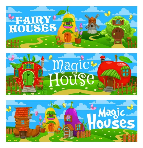 Casas Mágicas Contos Fadas Habitações Bandeiras Vetoriais Desenhos Animados Com —  Vetores de Stock