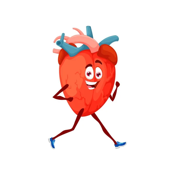 健康を維持するために漫画のランニングハートキャラクタージョギング 孤立したベクトル運動器は 心臓運動 スポーツ演習を行っています 心臓病患者の活動的なライフスタイル 心臓発作予防 — ストックベクタ