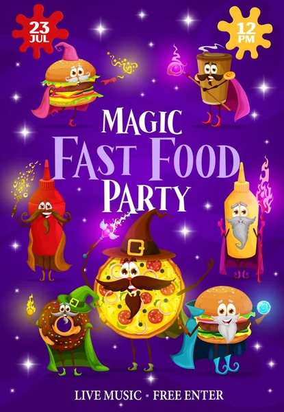 Halloween Magické Party Leták Fast Food Kreslený Průvodce Postavy Mága — Stockový vektor