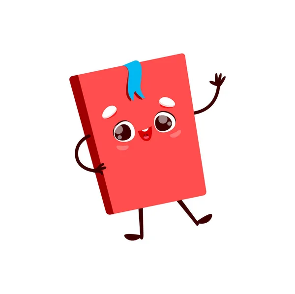 Roztomilý Červená Kreslená Kniha Postava Záložkou Mávání Rukou Vektorová Učebnice — Stockový vektor