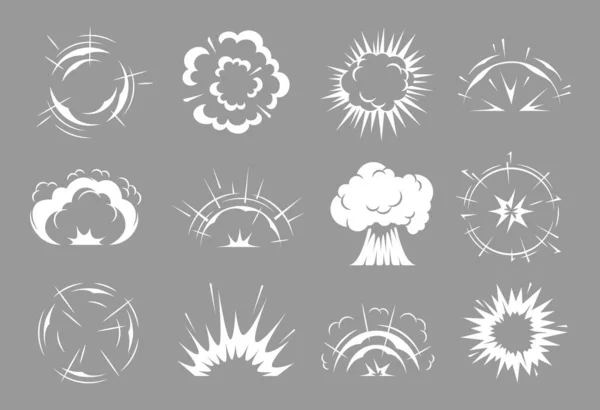 Explosiones Bombas Nubes Cómicas Efecto Boom Vectorial Dibujos Animados Humo — Vector de stock