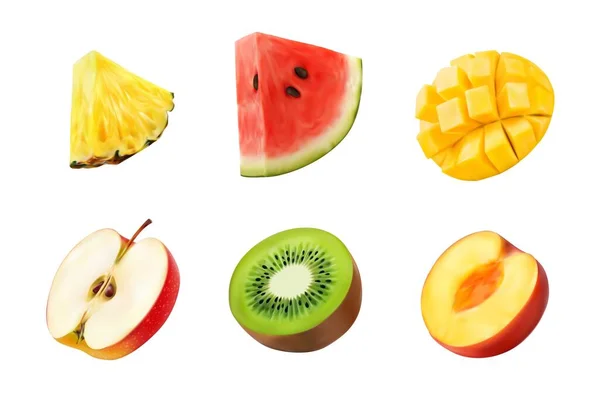猕猴桃等水果 现实的病媒热带和花园水果各占一半和切片 分离出3D个果实 成熟的夏天多汁的收获食物 — 图库矢量图片