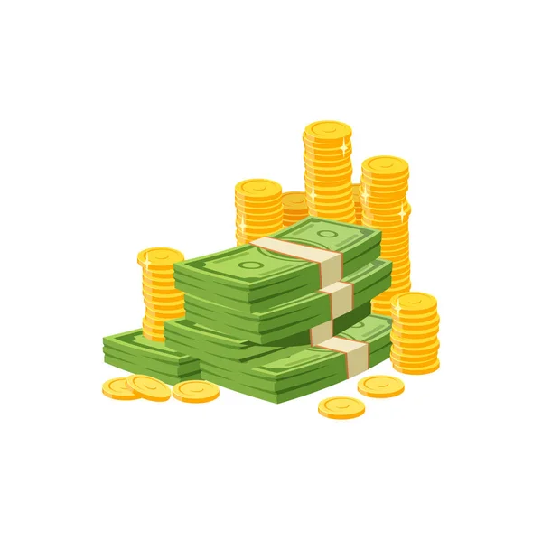 Kreskówkowe Pieniądze Banknoty Gotówkowe Banknoty Dolarowe Stos Złotych Monet Izolowany — Wektor stockowy