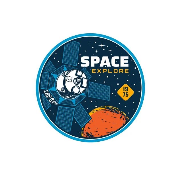 Aventure Spatiale Galaxie Explorent Icône Avec Satellite Station Orbitale Symbole — Image vectorielle