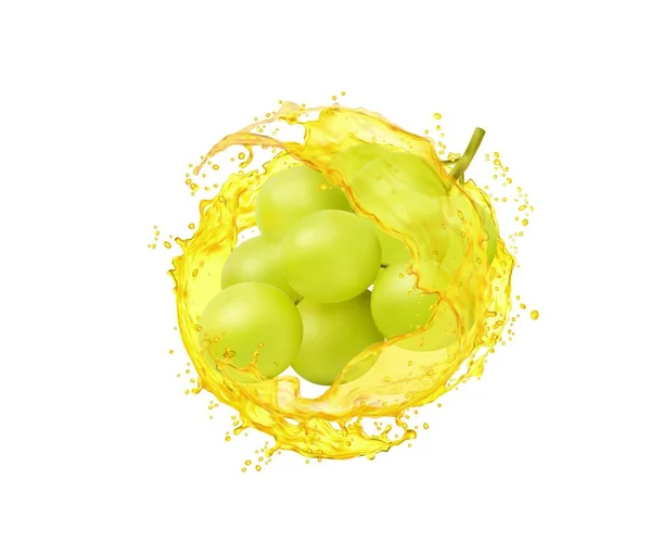Grape Juice Splash Realistic Vector Green Grape Bunch Yellow Transparent — Stock Vector