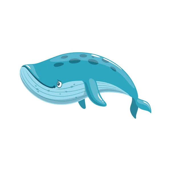 漫画のクジラの文字 青いかわいい海の動物 ベクトル幸せな魚 海の水 海の水中や海底の大きな魚のフィンと尾を持つ面白い漫画の赤ちゃんクジラ — ストックベクタ