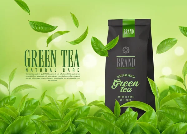 Φυτικό Πράσινο Τσάι Φύλλα Συσκευασίας Και Φυτεία Τσαγιού Διάνυσμα Φόντο — Διανυσματικό Αρχείο