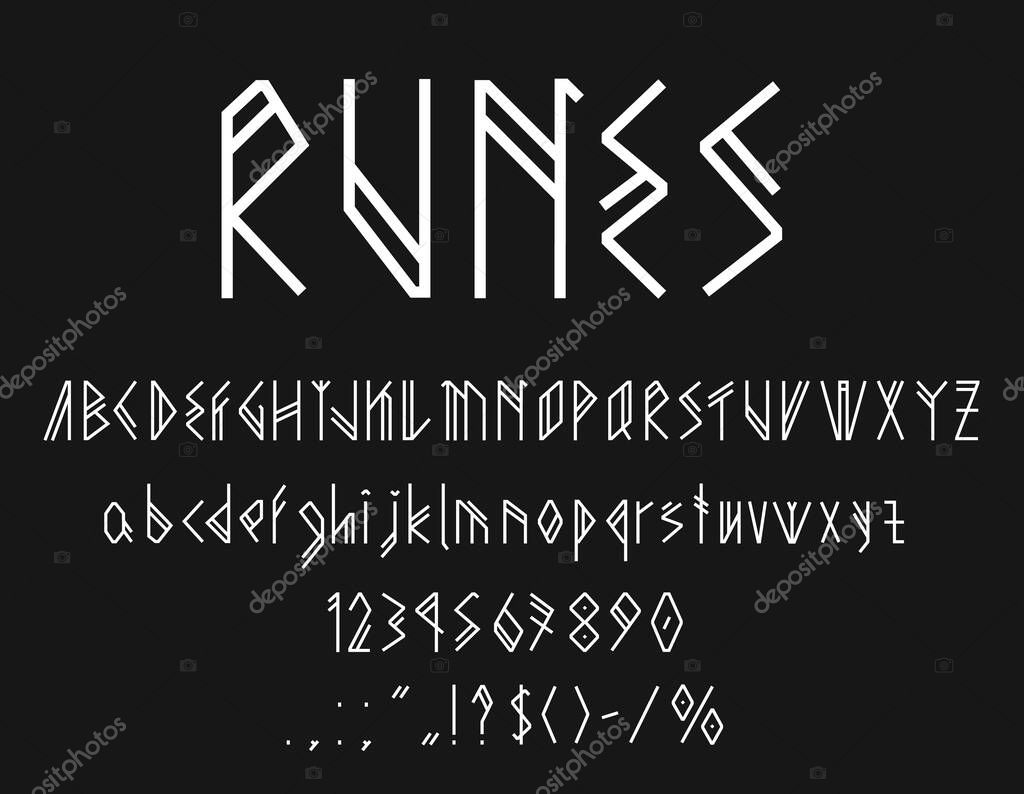 Viking runes font, scandinavian type or typeface alphabet, vector Nordic runic typography. Norse celtic or scandinavian runes font with Futhark letters, Viking script typeset ABC numbers and signs