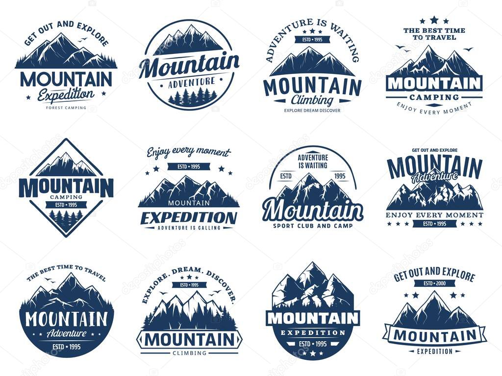 Mountain climbing, camping and expedition icons, alpine tourism and trekking club, vector symbol. Mountaineering sport, mountain hiking adventure, nature exploration and scout camping club tours
