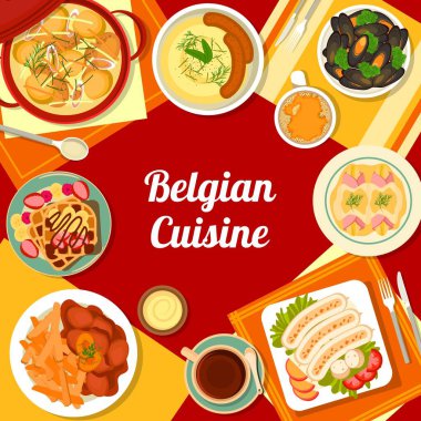Restoran yemekleri için Belçika mutfağı menüsü, geleneksel Belçika yemekleri, vektör. Belçika mutfağı öğle yemeği, akşam yemeği ve hamur işi yemekler, bira, haşlanmış midye ve patates püresi.