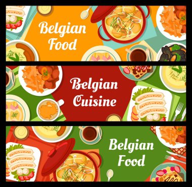 Belçika mutfak afişleri, Belçika yemekleri restoran menüsü, vektör. Geleneksel Belçika yemeği, domuz pastırması ve kremayla pişirilmiş hindiba, tavuk yahnisi veya üçlü sosis.