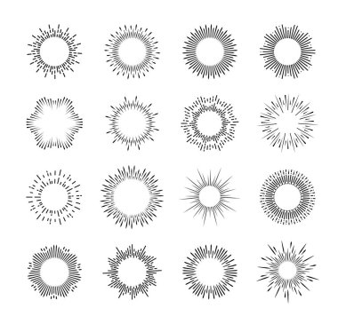 Güneş patlaması, yıldız patlaması, patlama izleri. Havai fişek, ışık parıldayan ince çizgi vektör ışınları. Uzay yıldızı enerji patlaması sembolleri, patlama parçacıkları veya sihirli ışınlar