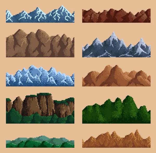 8Bit Pixel Game Mountains Hills Vintage Console Indie Pixel Game — Stock Vector