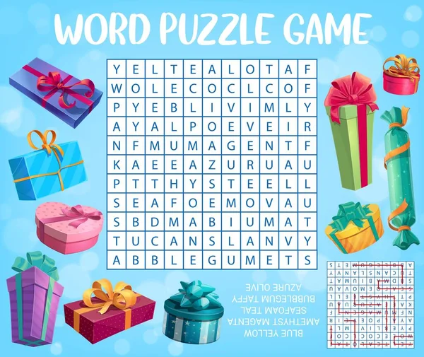 Holiday Presents Gifts Word Search Puzzle Game Worksheet Kids Quiz — Stock Vector