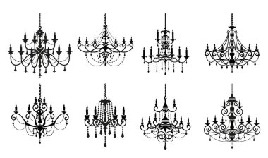 Chandelier silhouettes, home vintage illumination and light equipment. Retro ceiling lamp vector silhouette, antique luster or elegant luxury chandeliers with candles, bulbs and crystal decor clipart