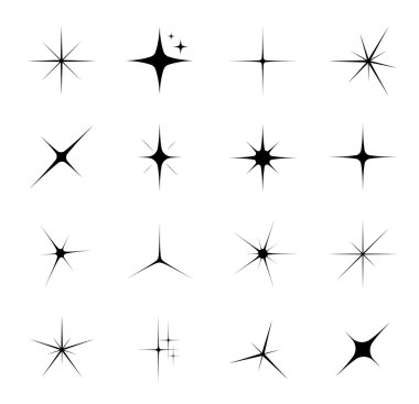 Yıldızlar parlıyor ve parlıyor. Yıldız patlaması ve parlama. Parlak ışık çizgisi simgesi ya da işareti, patlama ışını ve işaret çizgisi vektör sembolü. Uzay yıldızları soyut semboller parlar