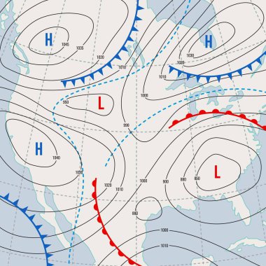 Hava tahmini ABD haritası. Meteoroloji rüzgar önü ve sıcaklık diyagramı. Amerika Birleşik Devletleri hava tahmini izobar haritası veya hortum ve atmosfer basıncı sınırlarıyla vektör arkaplan