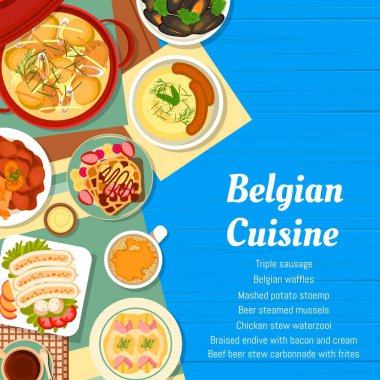 Belçika mutfağı menüsü, Belçika yemekleri, vektör restoran yemekleri. Geleneksel Belçika yemeği öğle yemeği veya akşam yemeği sığır eti, karbonhidrat, patates kızartması, Belçika waffle 'ı ve üçlü sosis.