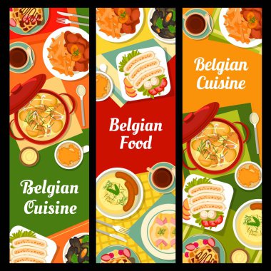 Belçika mutfak afişleri, yemek yemekleri ve Belçika yemekleri, vektör. Geleneksel Belçika mutfağı menüsünde tavuk yahnisi ya da üçlü sosis, haşlanmış hindiba ve kremalı pastırma.
