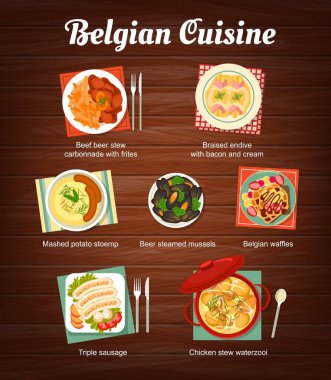 Belçika mutfağı menüsü, yemek, öğle ve akşam yemekleri, vektör restoran posteri. Geleneksel Belçika yemekleri, buğulanmış bira midyeler ve Belçika waffleları, domuz pastırması ve kremayla pişirilmiş hindiba.