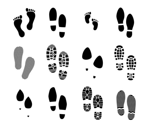 Следы обуви, обуви и босых ног. Следы для ног или векторные следы обуви. Отпечаток ботинка, человеческая детская нога и кроссовки, женская обувь, следы подошвы для обуви, тапочки и шлепанцы.