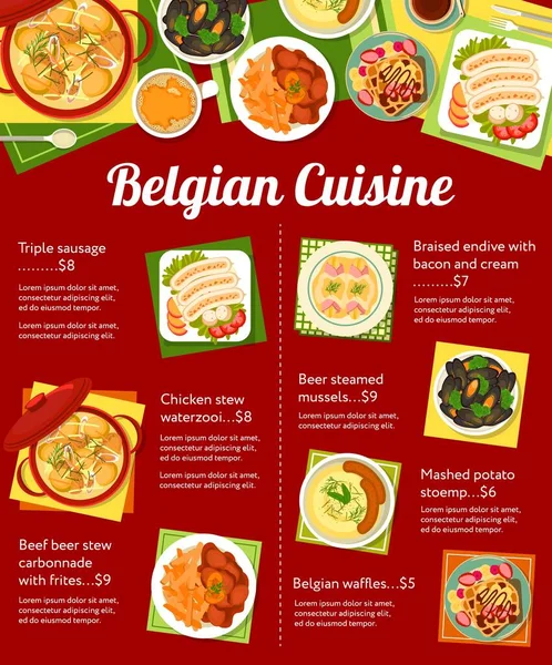 Belgian cuisine menu, food dishes and lunch or dinner meals, vector poster. Belgium cuisine restaurant traditional food triple sausage, Belgian waffles, mashed potato stoemp and chicken stew