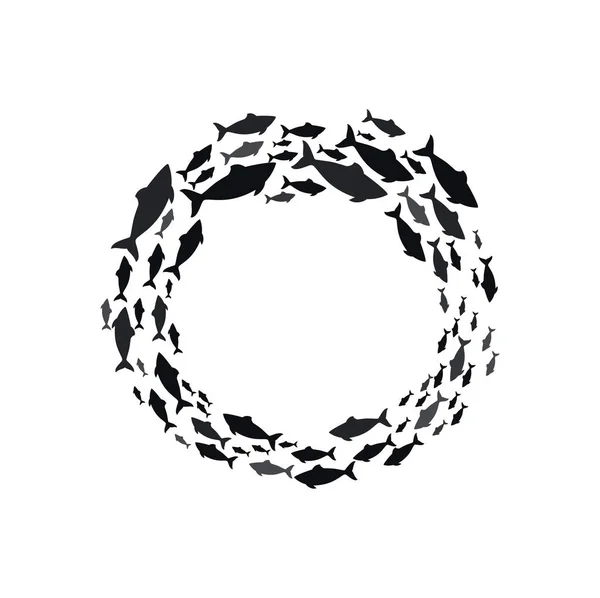 水生鱼 浅水鱼和学校鱼的圆形框架呈圆形轮廓 鱼群在圆周游动的矢量群 海洋鳕鱼群 — 图库矢量图片
