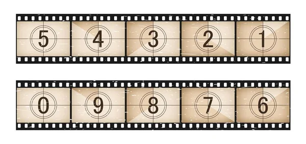 Film Tijd Aftellen Grunge Film Strip Retro Cinematografie Countdown Video — Stockvector