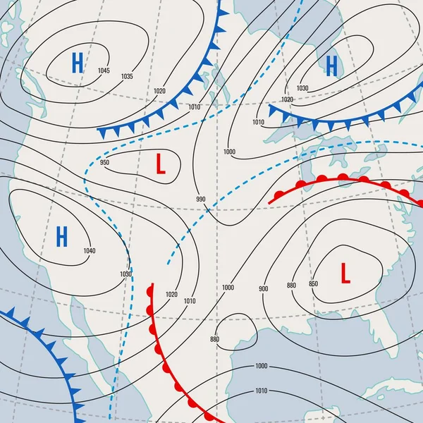予報天気予報Isobar米国地図 気象風前線と温度図 アメリカ合衆国天気予報イソバーマップまたはサイクロン 大気圧の境界線とベクトルの背景 — ストックベクタ
