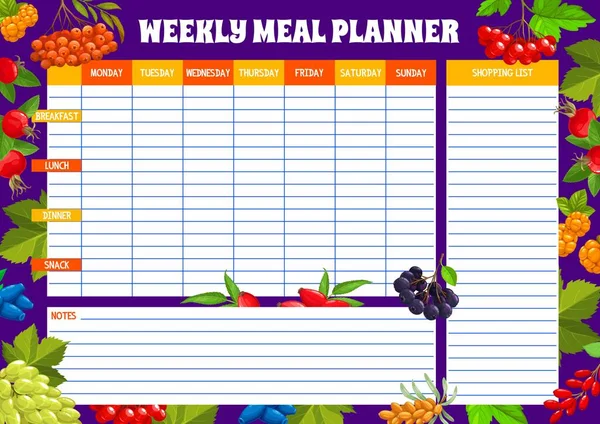 Tygodniowy Planista Posiłków Jagodami Gotowanie Tygodniowy Kalendarz Posiłek Dzienny Planista — Wektor stockowy